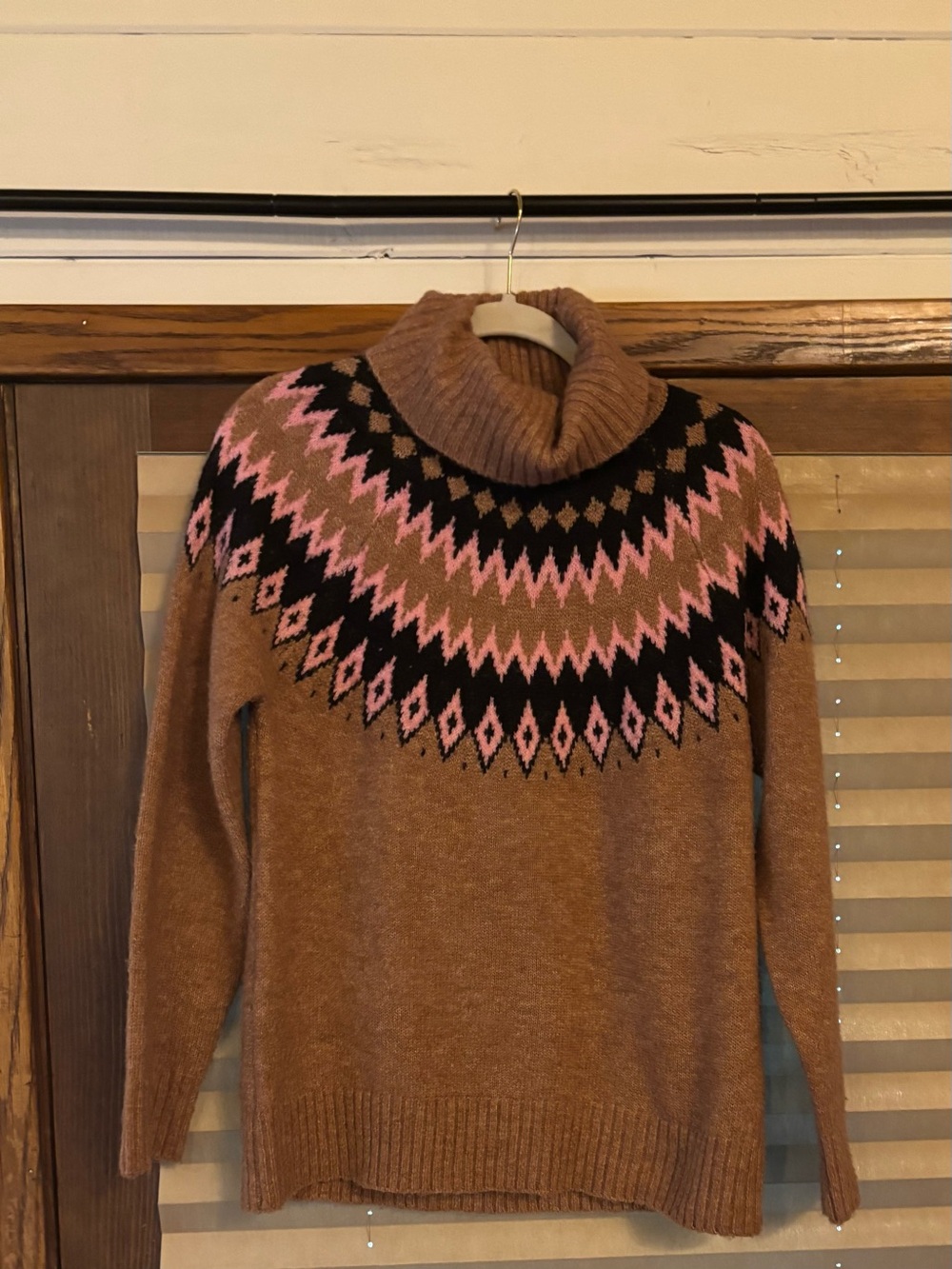 Aspen Tan Turtleneck Fair Isle Sweater with Pink & Black Accents